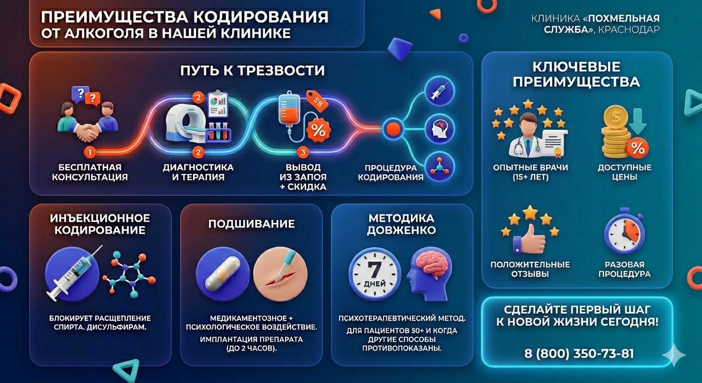 Инфографика о методах кодирования от алкоголя в Рубцовске: инъекции, подшивание, метод Довженко. Преимущества клиники и этапы лечения.