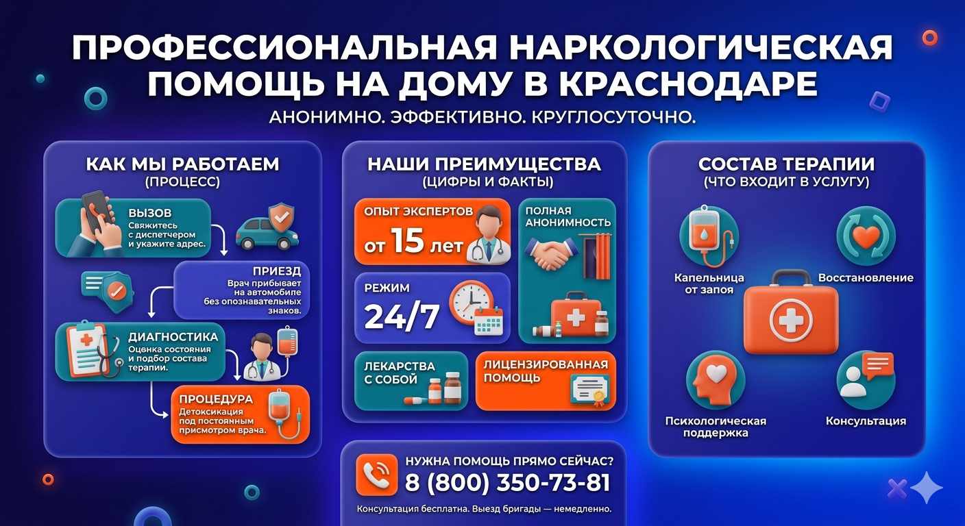 Инфографика о принципах лечения алкоголизма на дому в Рубцовске: этапы вызова нарколога, преимущества анонимной детоксикации и состав медицинской помощи.